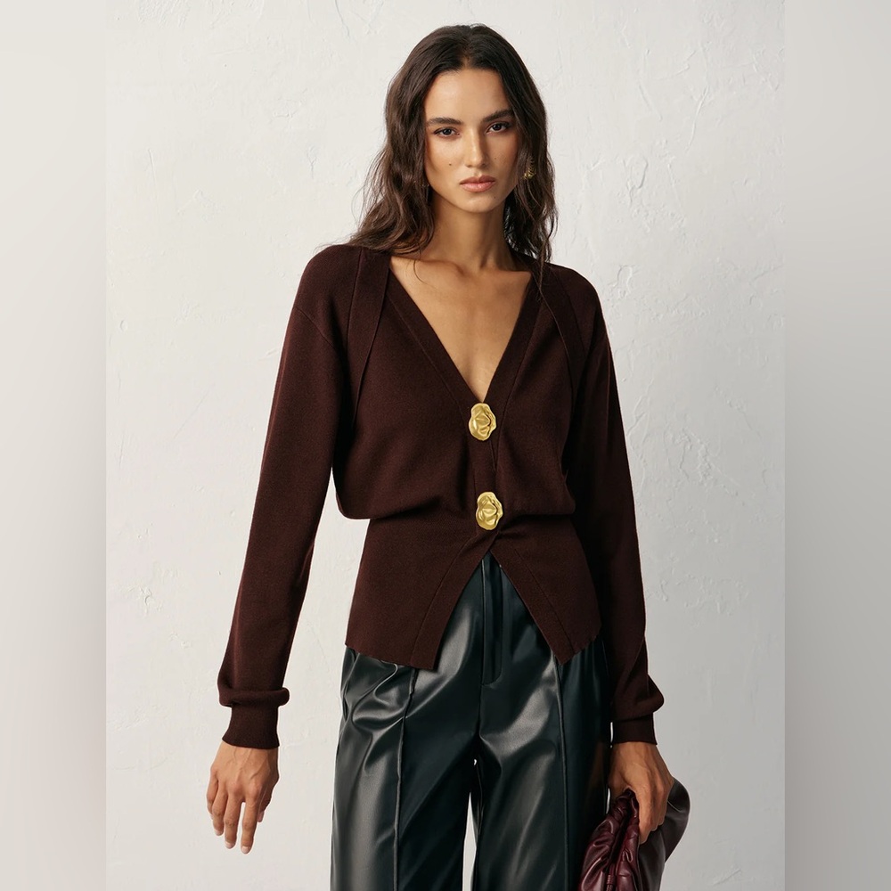 Women's Deep Brown V-Neck Button Cardigan Sweater